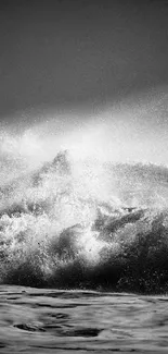 Black and white ocean waves, dramatic splash.