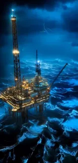 Oil rig amidst stormy ocean waves at night.