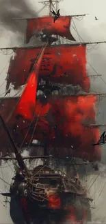 Dramatic pirate ship with red sails against a stormy sky.