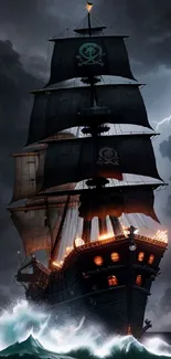 Pirate ship sailing through stormy seas, illuminated by lightning at night.