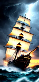 Majestic pirate ship in a stormy sea with lightning.