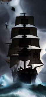 Dramatic pirate ship sailing through stormy seas with dark clouds above.