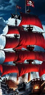 Dramatic pirate ship with red sails in moonlit sky.