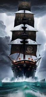 A pirate ship sailing through a stormy ocean with lightning in the background.