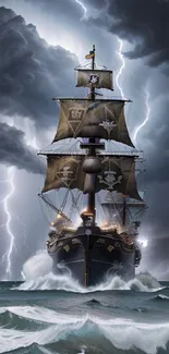 A dramatic pirate ship sails through stormy seas.