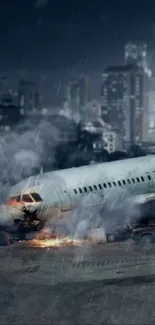 Dramatic plane crash with city skyline under dark skies.