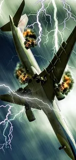 Dramatic image of a plane crashing amidst lightning and explosions.