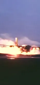 Plane engulfed in flames with a dark sky backdrop.