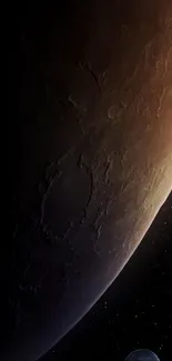 Dark brown planet surface in space scene