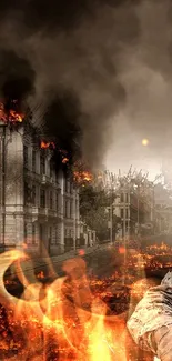 A lone soldier sits amidst a city in flames in a dramatic scene.