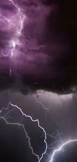 Dramatic purple lightning bolts illuminate the dark sky in this striking wallpaper.