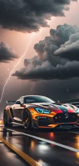 Racing car on a stormy road with lightning in the sky.