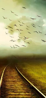 Captivating wallpaper of a railway under a dramatic sky with birds flying above.