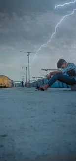 Dramatic scene of a person sitting alone on a railway platform under lightning.