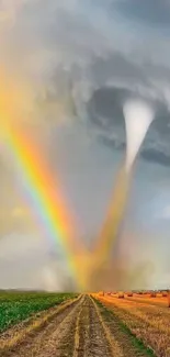 Vivid wallpaper of a rainbow and tornado over a rural field.