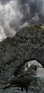 Raven perched on rocky arch with stormy skies.