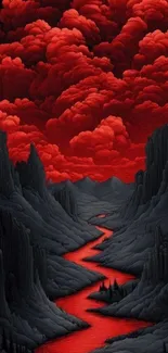 Surreal landscape with red clouds and river.