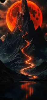 Towering mountain under a fiery red moon with a glowing path.
