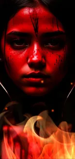 Intense red portrait wallpaper art with dramatic shading.