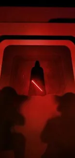 Silhouette with red light in sci-fi scene.