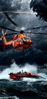 Helicopter performing a sea rescue in a stormy ocean.