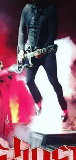 Dynamic rock concert with guitarist leaping on stage.