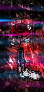 Red rose emerging from a gun on a bold black and red background.