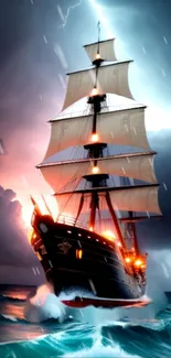 Majestic ship sailing through stormy seas with dramatic skies.