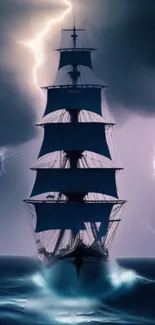 Tall ship braving stormy seas with lightning bolts.