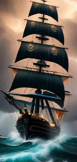 Majestic sailboat navigating stormy seas with striking lightning backdrop.