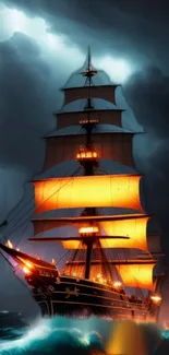 Illuminated sailing ship on stormy seas with dramatic sunset lighting.