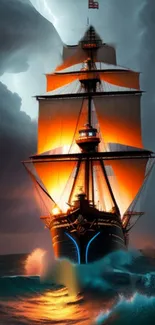 Dramatic sailing ship with orange sails on stormy ocean.