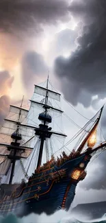 Sailing ship navigating stormy seas with dramatic clouds and ocean waves.