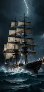 Sailing ship navigating stormy seas under lightning.