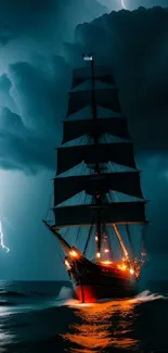 A sailing ship in stormy seas with lightning strikes in the background.