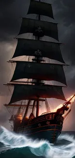 Majestic sailing ship in stormy ocean with dramatic lighting.