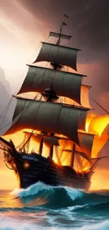 Dramatic sailing ship amidst stormy seas and glowing sunset.