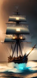 A sailing ship navigates stormy seas with lightning in the background.