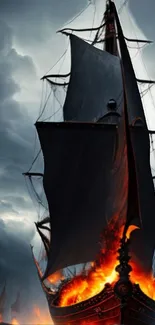 Dramatic ship with fiery waves against stormy sky background.