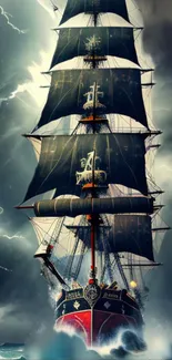 Majestic sailing ship braving a stormy sea with lightning.