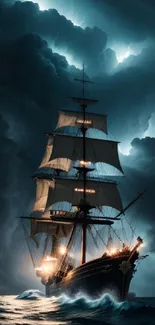 A majestic sailing ship braves a stormy sea under dark, dramatic skies.