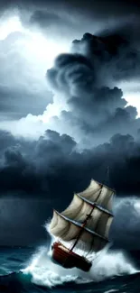 Dramatic sailing ship caught in a storm with swirling clouds.