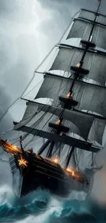 Majestic ship sailing through stormy seas, captured in dramatic wallpaper illustration.