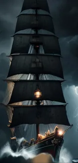 Majestic ship braves stormy seas at night with illuminated sails.