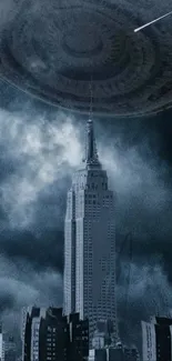 Dramatic sci-fi cityscape with spacecraft above skyscraper.