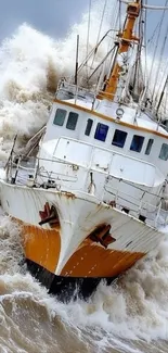 Ship battling ocean waves in stormy sea.