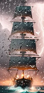 Tall ship navigating through a storm with lightning in the background.