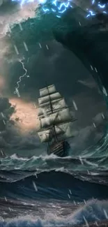 Ship braving a dramatic sea storm with dark clouds and towering waves.