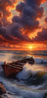 A boat amidst dramatic sunset waves and vibrant clouds.
