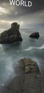 Dramatic seascape with rocks under a moody sky.